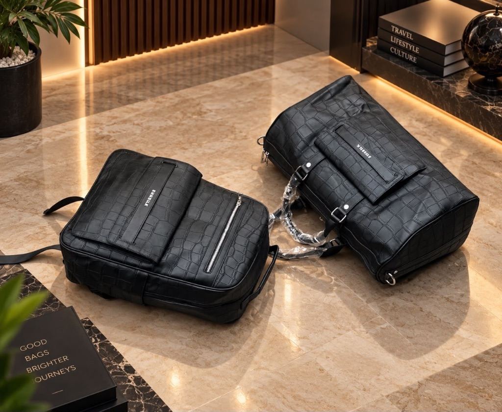 leather travel set consisting of a structured backpack and a duffel bag.