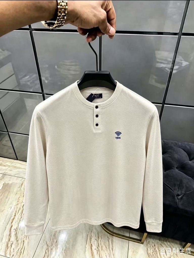army green or khaki long-sleeve waffle-knit Henley shirt