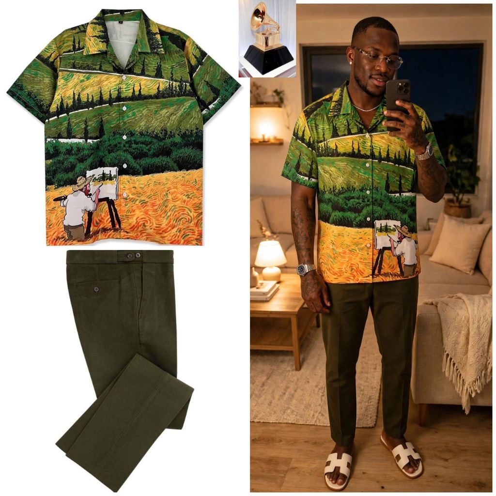 green short-sleeve button-down shirt featuring an oil painting landscape print (resembling Vincent van Gogh's style with an artist painting at an easel) paired with olive-green trousers and white slide sandals