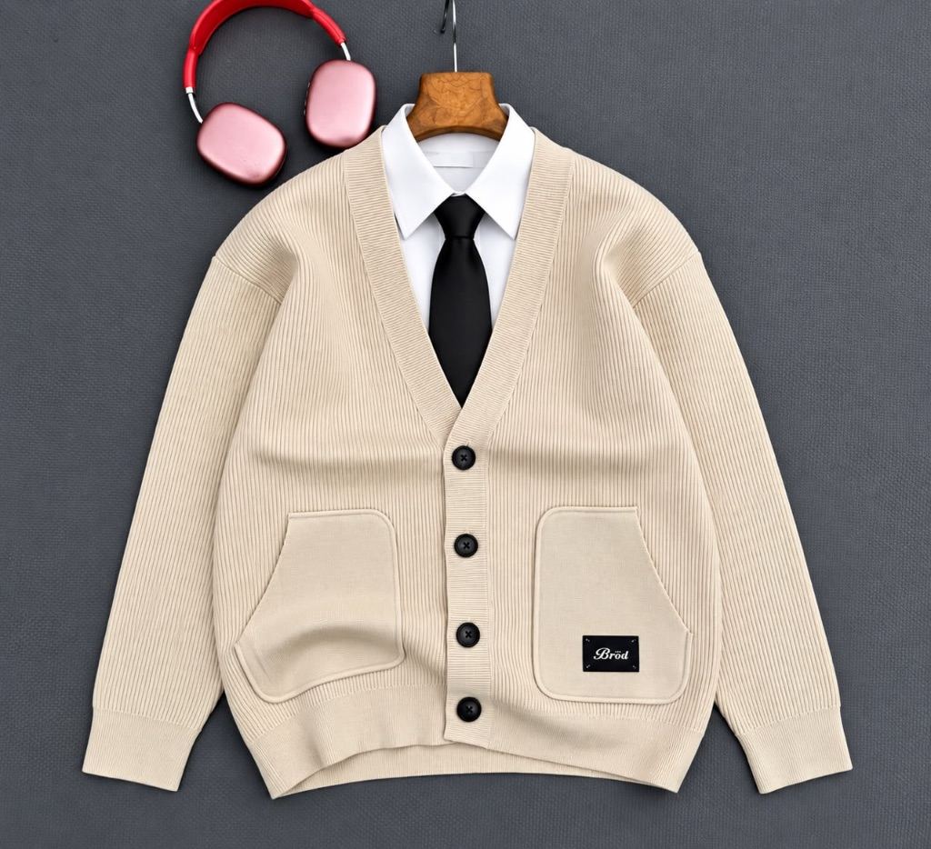 Beige Ribbed V-Neck Cardigan